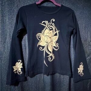 Dark Navy Blue Lotus Flower Long Bell Sleeve Yoga Top Shirt Tunic Ladies Small